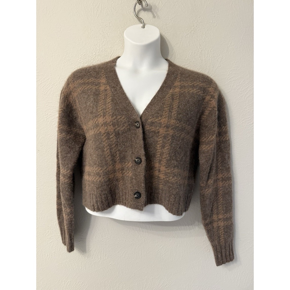 Everlane size M Cropped Alpaca Merino Blend Plaid Cardigan brown